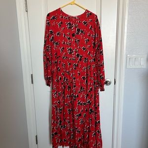 Zara red and black floral tiered midi dress